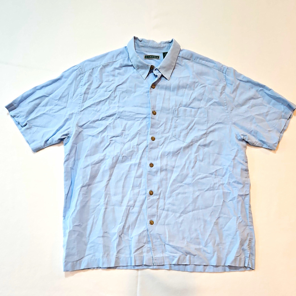 Cubavera Men's Blue Solid Woven Button-Up Shirt Short Sleeve XL Pockets